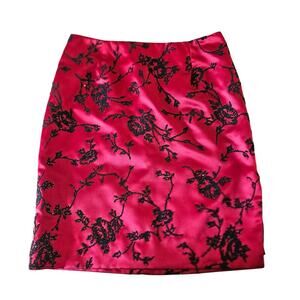 Rare Vintage 90s Christina Perrin Red Satin Beaded Floral Knee Length Skirt Sz 6